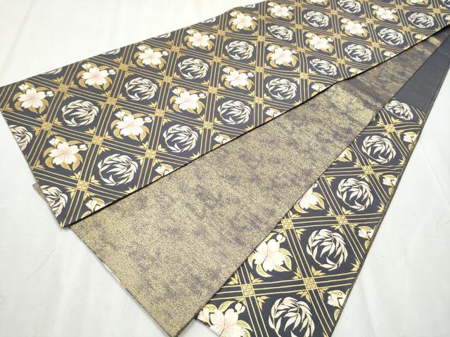 平和屋着物●両面 六通柄袋帯 菱天井枝葉舞桜文 金糸 正絹 逸品 CABB9546hy
