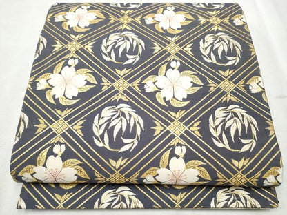平和屋着物●両面 六通柄袋帯 菱天井枝葉舞桜文 金糸 正絹 逸品 CABB9546hy