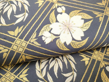 平和屋着物●両面 六通柄袋帯 菱天井枝葉舞桜文 金糸 正絹 逸品 CABB9546hy