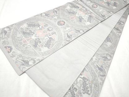 平和屋着物●全通柄 本袋帯 絵皿動物文 銀糸 正絹 逸品 CABB9548hy