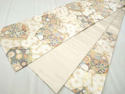 平和屋着物●六通柄袋帯 唐織 糸巻き文 金糸 正絹 逸品 CABB9551hy