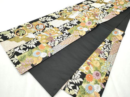 平和屋着物●六通柄袋帯 唐織 短冊鳳凰花文 黒地 金銀糸 正絹 逸品 CABB9554hy