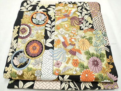 平和屋着物●六通柄袋帯 唐織 短冊鳳凰花文 黒地 金銀糸 正絹 逸品 CABB9554hy