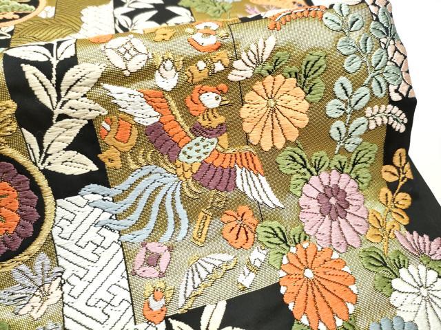 平和屋着物●六通柄袋帯 唐織 短冊鳳凰花文 黒地 金銀糸 正絹 逸品 CABB9554hy
