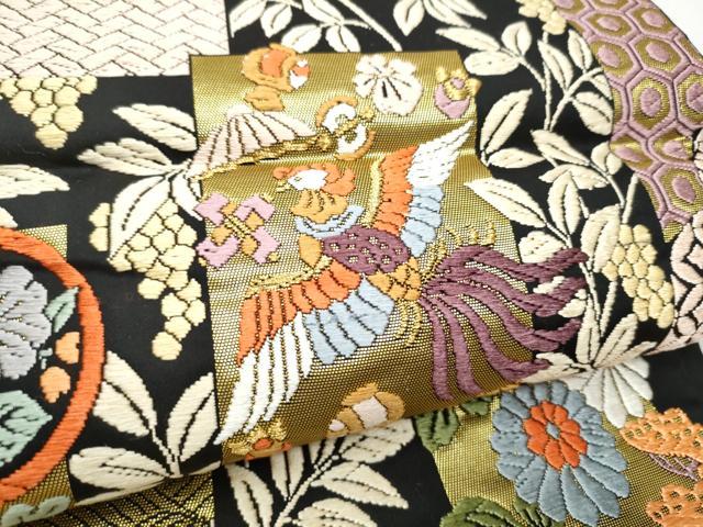 平和屋着物●六通柄袋帯 唐織 短冊鳳凰花文 黒地 金銀糸 正絹 逸品 CABB9554hy