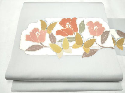 平和屋着物●塩瀬 九寸名古屋帯 枝花文 金彩 正絹 逸品 CABB9566hy