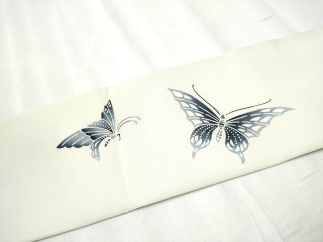 平和屋着物●塩瀬　九寸名古屋帯　型染め　舞蝶文　正絹　逸品　CABB9567hy