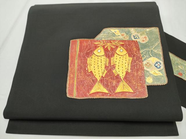 平和屋着物●塩瀬 九寸名古屋帯 螺鈿 魚 色紙花文 黒地 金彩 正絹 逸品 CABB9570hy
