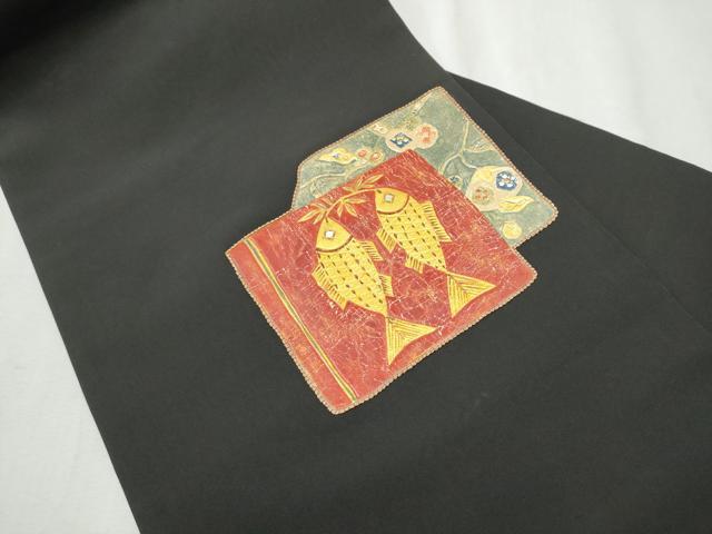 平和屋着物●塩瀬 九寸名古屋帯 螺鈿 魚 色紙花文 黒地 金彩 正絹 逸品 CABB9570hy