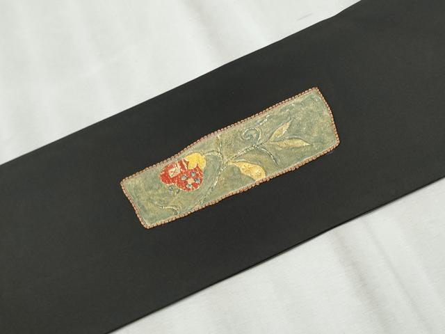 平和屋着物●塩瀬 九寸名古屋帯 螺鈿 魚 色紙花文 黒地 金彩 正絹 逸品 CABB9570hy
