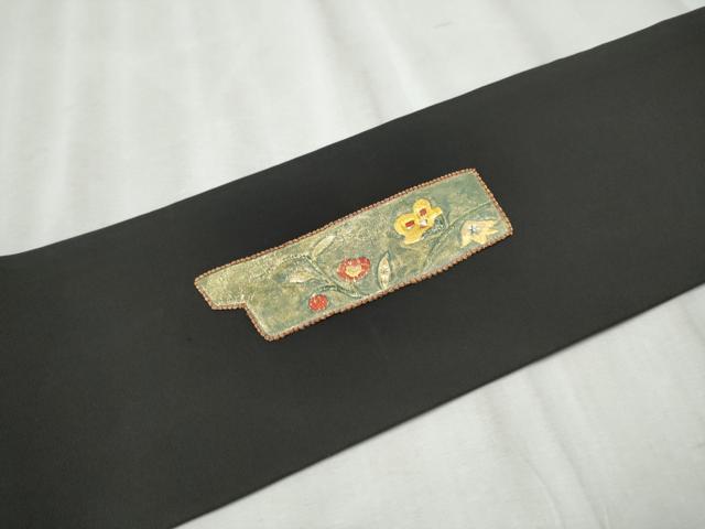 平和屋着物●塩瀬 九寸名古屋帯 螺鈿 魚 色紙花文 黒地 金彩 正絹 逸品 CABB9570hy