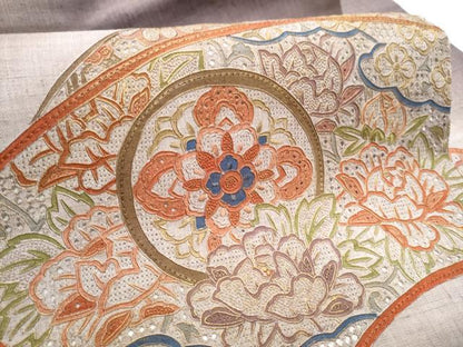 平和屋着物●中国三大刺繍 スワトウ相良刺繍 総刺繍 九寸名古屋帯 紬地 地紙花文 正絹 逸品 CABB9574hy
