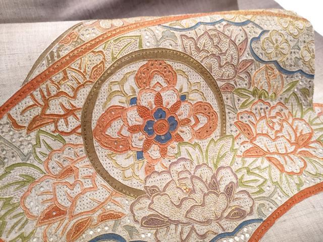 平和屋着物●中国三大刺繍 スワトウ相良刺繍 総刺繍 九寸名古屋帯 紬地 地紙花文 正絹 逸品 CABB9574hy