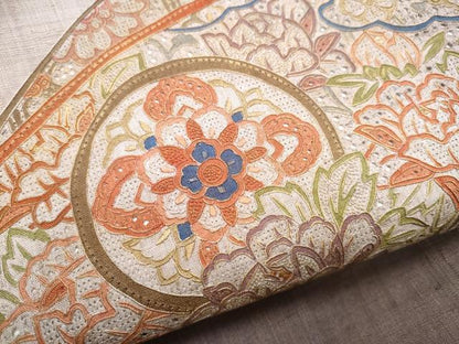平和屋着物●中国三大刺繍 スワトウ相良刺繍 総刺繍 九寸名古屋帯 紬地 地紙花文 正絹 逸品 CABB9574hy