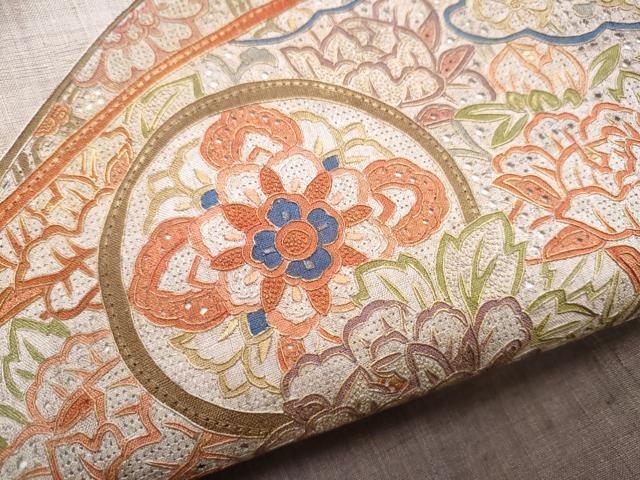 平和屋着物●中国三大刺繍 スワトウ相良刺繍 総刺繍 九寸名古屋帯 紬地 地紙花文 正絹 逸品 CABB9574hy