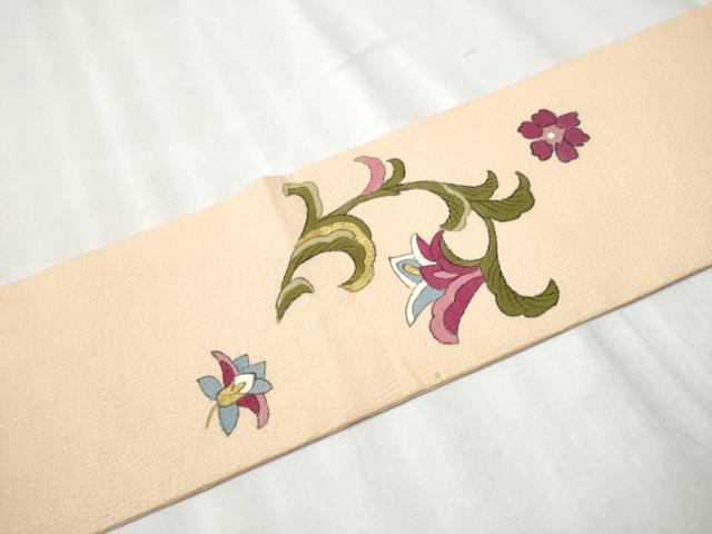 平和屋着物●九寸名古屋帯 更紗花蝶文 金彩 鬼しぼ縮緬 正絹 逸品 CABB9576hy