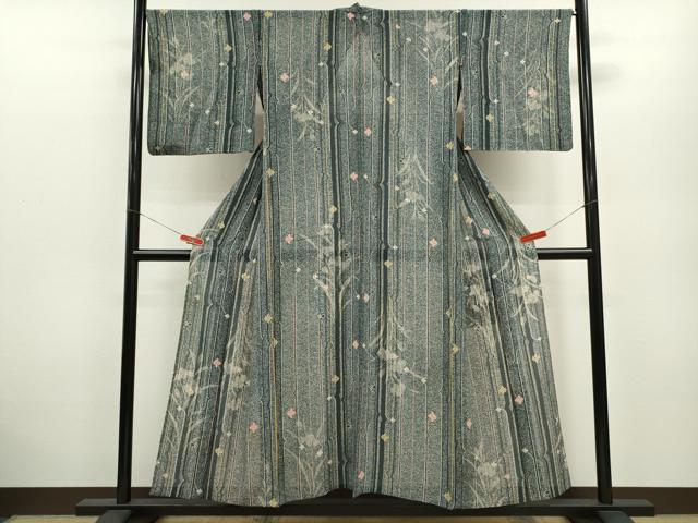 平和屋着物＊夏物 小紋 絽 変わり縞花文 たたき染め 正絹 逸品 CABB9602ze