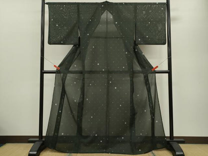 平和屋着物＊夏物 小紋 絽 鞠文 黒地 洗える着物 CABB9632ze