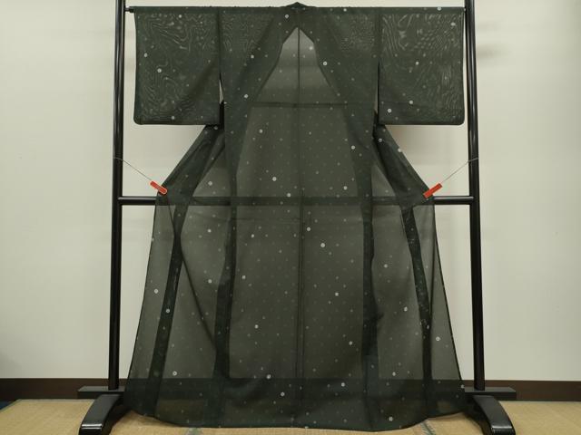 平和屋着物＊夏物 小紋 絽 鞠文 黒地 洗える着物 CABB9632ze
