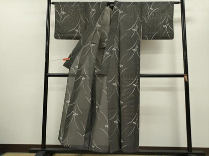 平和屋着物＊夏物 小紋 絽 縞 燕子花 黒地 洗える着物 CABB9642ze