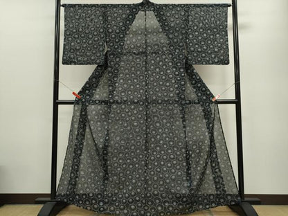 平和屋着物＊夏物 小紋 絽 花尽くし 黒地 洗える着物 CABB9667ze