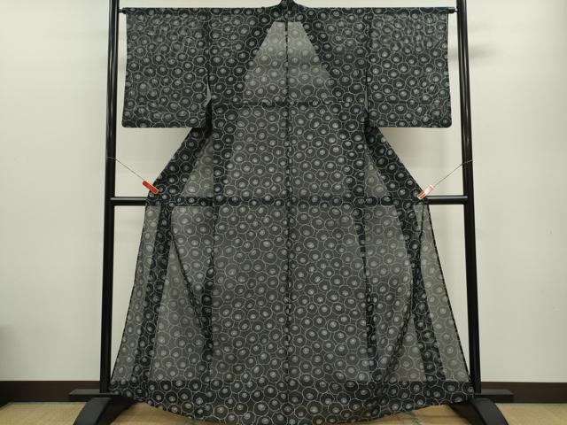 平和屋着物＊夏物 小紋 絽 花尽くし 黒地 洗える着物 CABB9667ze