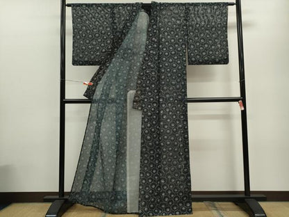 平和屋着物＊夏物 小紋 絽 花尽くし 黒地 洗える着物 CABB9667ze
