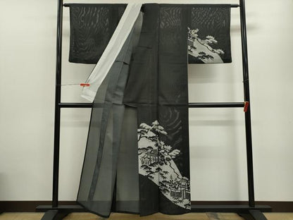 平和屋着物＊夏物 訪問着 絽 風景笠松文 黒地 銀彩 洗える着物 CABB9678ze