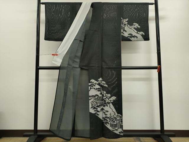 平和屋着物＊夏物 訪問着 絽 風景笠松文 黒地 銀彩 洗える着物 CABB9678ze