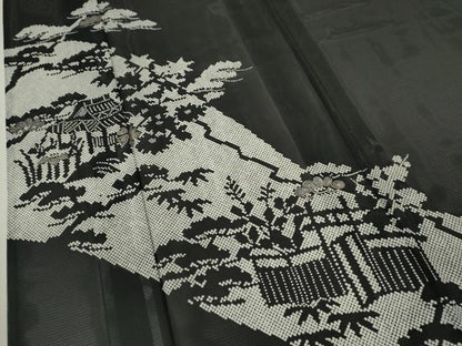 平和屋着物＊夏物 訪問着 絽 風景笠松文 黒地 銀彩 洗える着物 CABB9678ze