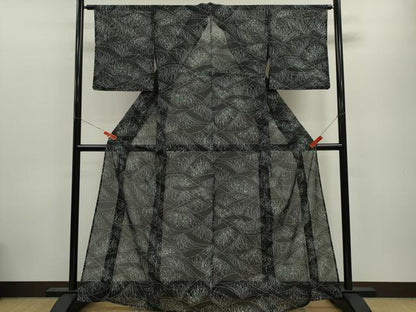 平和屋着物＊夏物 小紋 絽 草木文 黒地 洗える着物 CABB9680ze