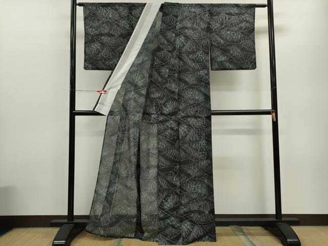 平和屋着物＊夏物 小紋 絽 草木文 黒地 洗える着物 CABB9680ze
