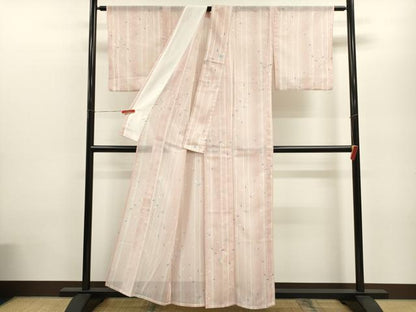 平和屋着物＊夏物 小紋 絽 縞 舞桜文 洗える着物 CABB9693ze