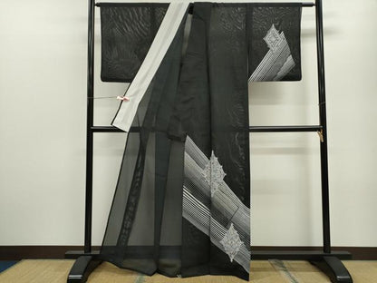 平和屋着物＊夏物 訪問着 絽 菱吉祥花文 黒地 洗える着物 CABB9720ze