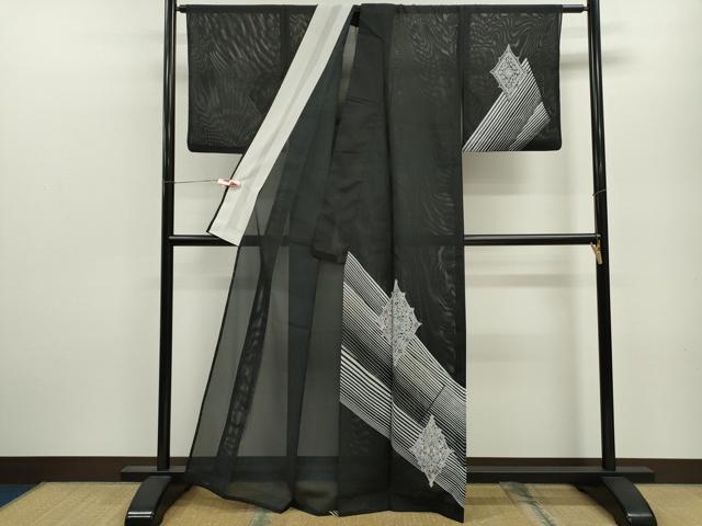 平和屋着物＊夏物 訪問着 絽 菱吉祥花文 黒地 洗える着物 CABB9720ze