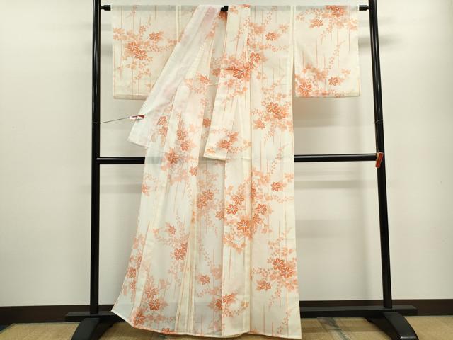 平和屋着物＊夏物 小紋 絽 枝花文 銀彩 洗える着物 CABB9721ze