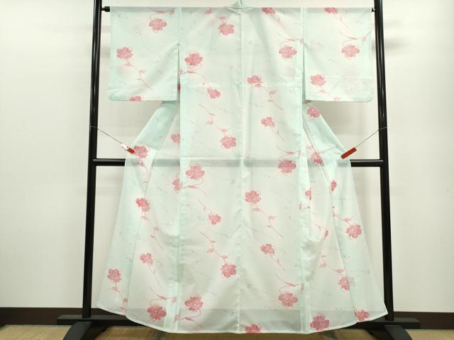 平和屋着物＊夏物 小紋 絽 枝花文 洗える着物 CABB9727ze