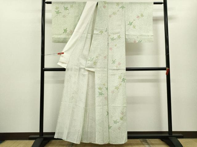 平和屋着物＊夏物 小紋 絽 手描き 枝楓文 たたき染め 正絹 逸品 CABB9743ze
