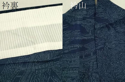 平和屋着物＊夏物 訪問着 絽 藍 型染め 風景文 正絹 逸品 CABB9745ze