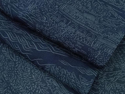平和屋着物＊夏物 訪問着 絽 藍 型染め 風景文 正絹 逸品 CABB9745ze