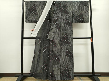 平和屋着物＊夏物 小紋 絽 絞り 切嵌吉祥花文 黒地 正絹 逸品 未使用 CABB9755ze