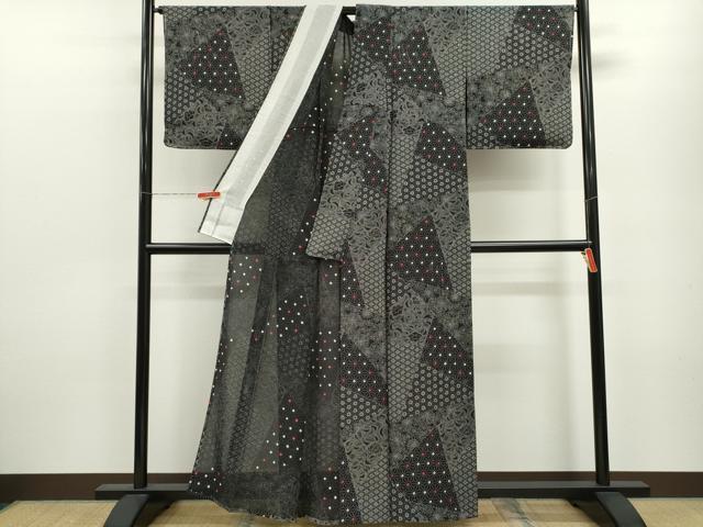 平和屋着物＊夏物 小紋 絽 絞り 切嵌吉祥花文 黒地 正絹 逸品 未使用 CABB9755ze
