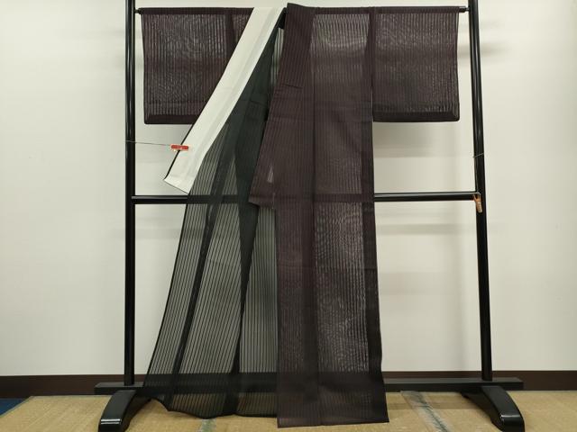 平和屋着物＊夏物 小紋 紗 縞 黒地 正絹 逸品 CABB9756ze