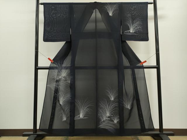 平和屋着物＊夏物 訪問着 絽 立波草文 黒地 正絹 逸品 CABB9760ze