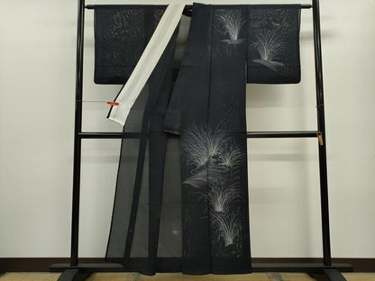 平和屋着物＊夏物 訪問着 絽 立波草文 黒地 正絹 逸品 CABB9760ze