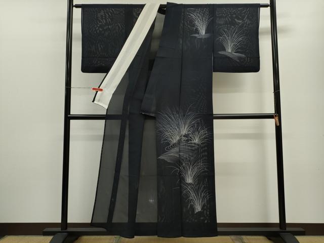 平和屋着物＊夏物 訪問着 絽 立波草文 黒地 正絹 逸品 CABB9760ze