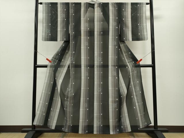 平和屋着物＊夏物 小紋 絽 縞 楓文 黒地 洗える着物 CABB9779ze