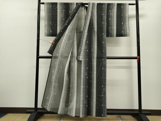 平和屋着物＊夏物 小紋 絽 縞 楓文 黒地 洗える着物 CABB9779ze