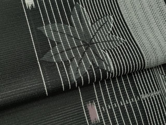平和屋着物＊夏物 小紋 絽 縞 楓文 黒地 洗える着物 CABB9779ze