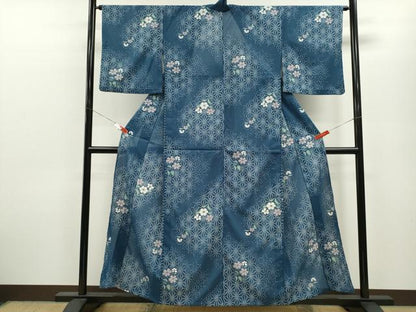 平和屋着物＊夏物 小紋 絽 麻の葉草花文 洗える着物 CABB9780ze